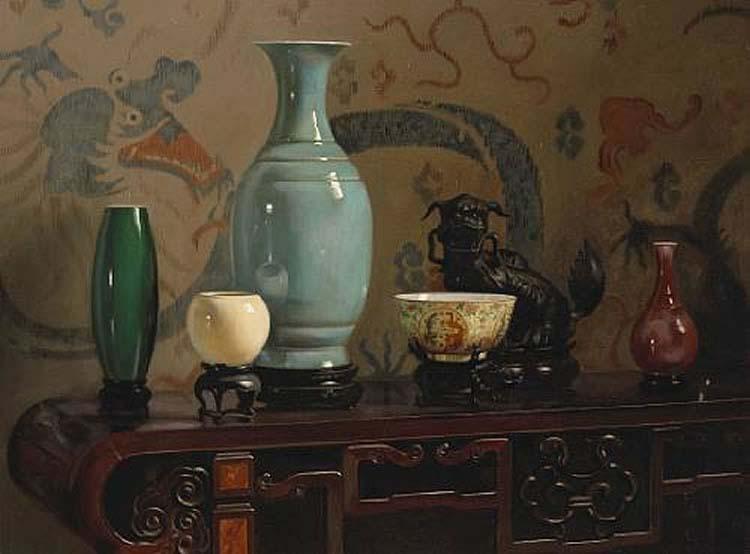 Hubert Vos Asian Still Life with Blue Vase, oil painting by Hubert Vos oil painting picture